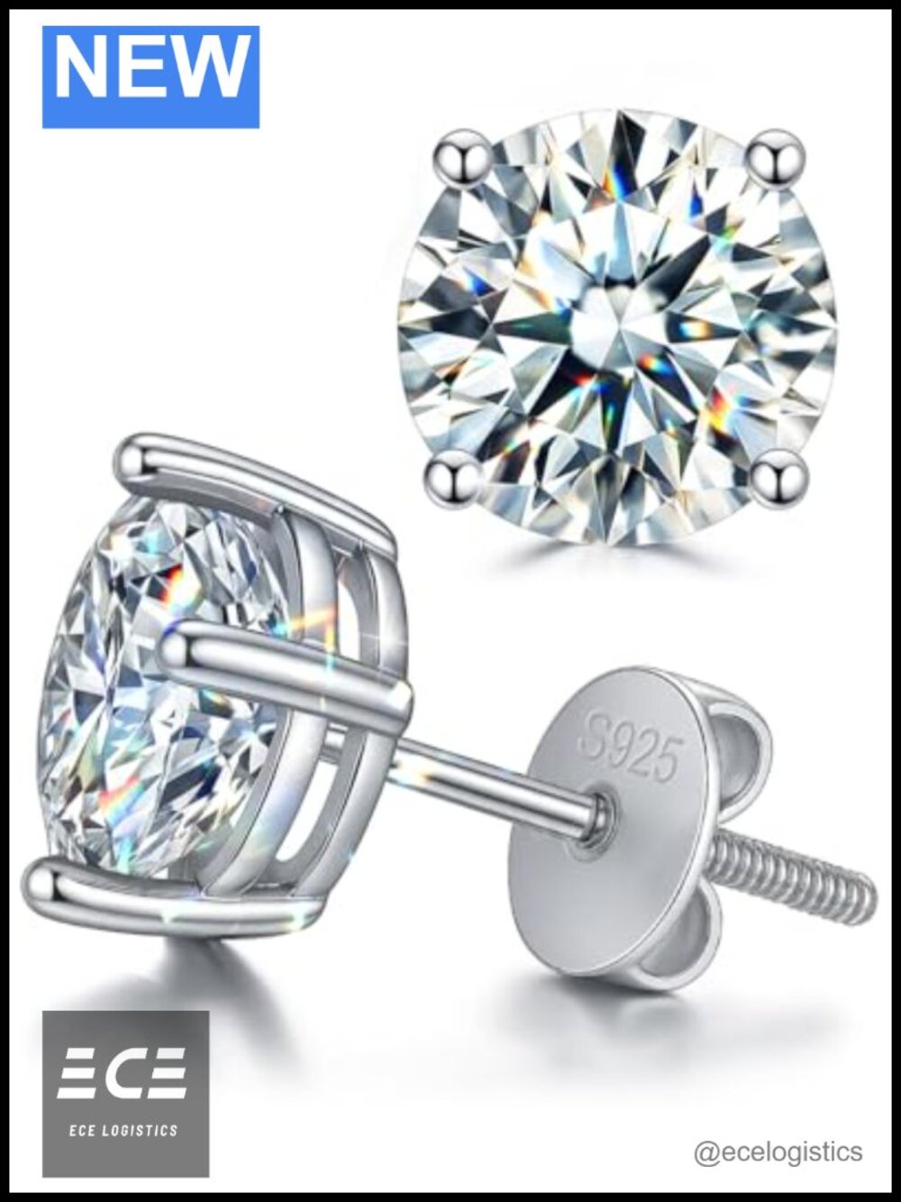 Moissanite Stud Earrings Screw Back 925 Sterling Silver Unisex Gift